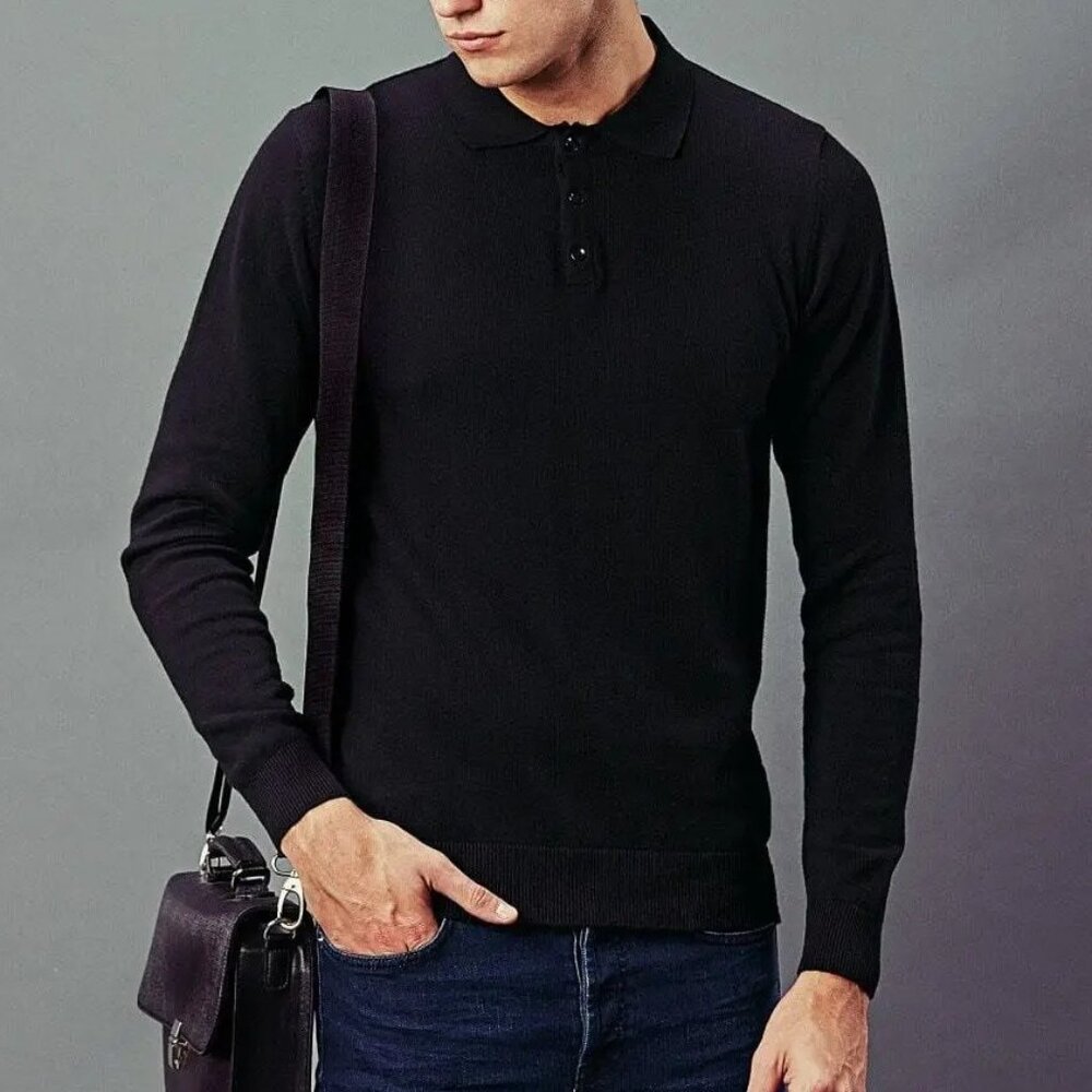 Paul James Black Knit Button Up Longsleeve Polo